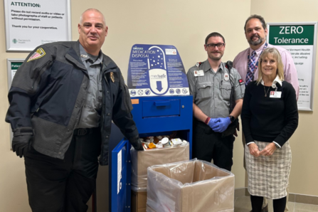 Bennington Police Lt. Camillo A. Grande, with SVMC’s Security Officer Eddie Pascucci, Pharmacy Director Rob Sherman and Administrative Assistant Ginger Ritchie gathered in October 2024 to mark the collection of over 3,000 pounds of medications. 