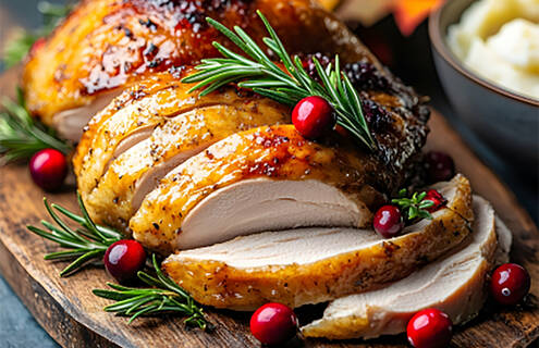 A platter with a sliced cooked turkey breast garnished with cranberries and rosemary sprigs
